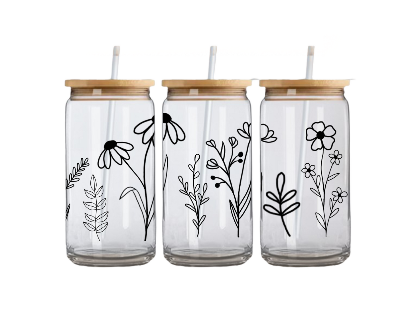 Wildflower Sips: 16oz Glass Cup - Blooms of Tranquility